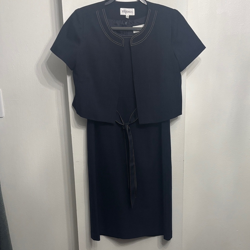 Vintage Studio I Navy Sleeveless Dress with Short Sleeves Cropped Jacket Size 8